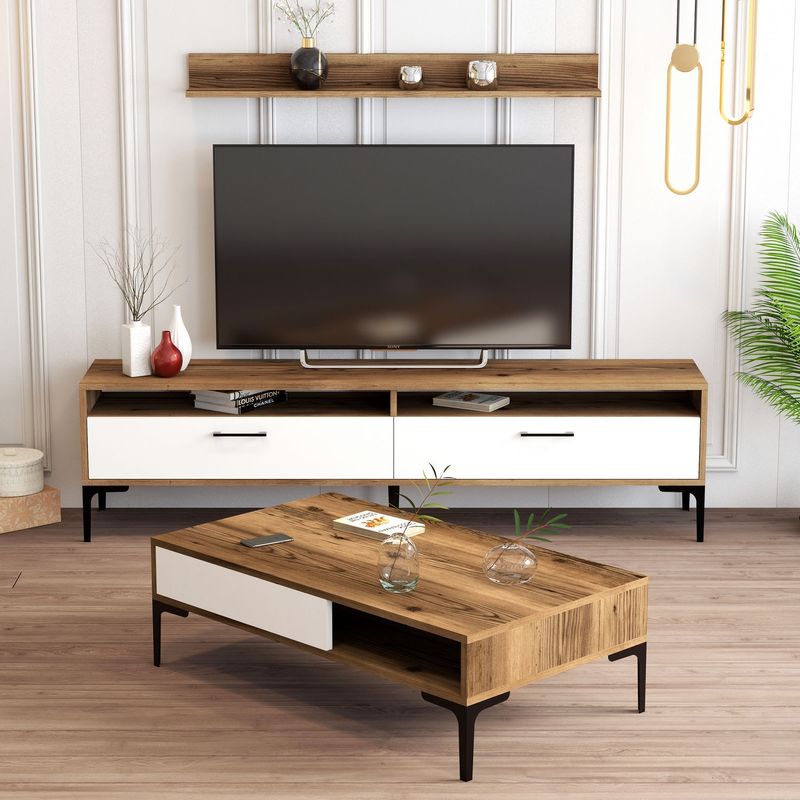 Casa si Gradina - Mobilier - Seturi de mobilier - Seturi living - Set mobilier living, Hanah Home, pal melaminat, nuc si alb, comoda tv 180x47x35 cm, masuta cafea 105x32.6x60 cm - Infinity.ro