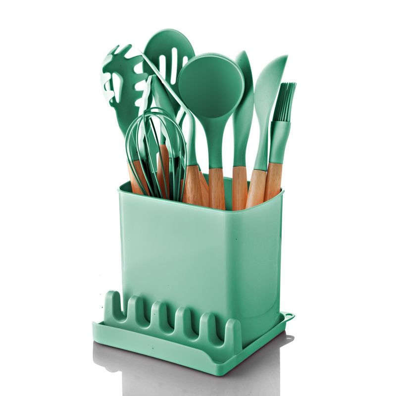Casa si Gradina - Bucatarie si vesela - Ustensile bucatarie - Seturi ustensile de bucatarie - Set ustensile de bucatarie, Hermia, silicon, manere din lemn, verde, 13 piese - Infinity.ro
