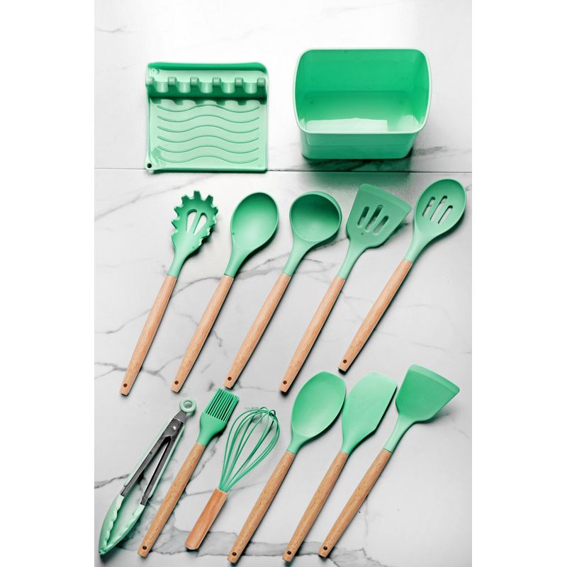 Casa si Gradina - Bucatarie si vesela - Ustensile bucatarie - Seturi ustensile de bucatarie - Set ustensile de bucatarie, Hermia, silicon, manere din lemn, verde, 13 piese - Infinity.ro