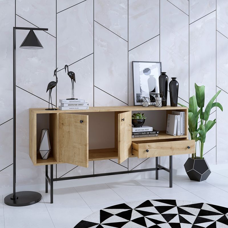 Casa si Gradina - Mobilier - Comode si corpuri - Console - Consola, Hanah Home, pal melaminat, stejar safir si negru, 40x80x150 cm - Infinity.ro