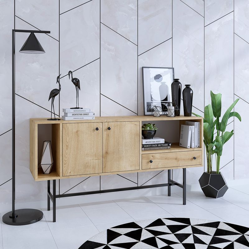 Casa si Gradina - Mobilier - Comode si corpuri - Console - Consola, Hanah Home, pal melaminat, stejar safir si negru, 40x80x150 cm - Infinity.ro