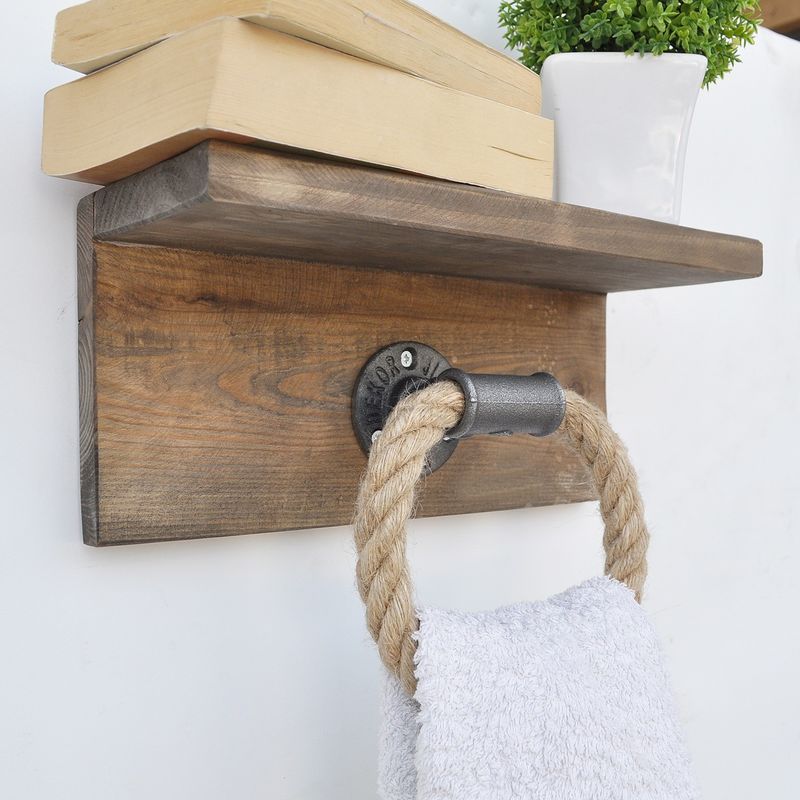 Casa si Gradina - Sanitare - Suporturi si accesorii baie - Suporturi baie - Carlig de perete, Hanah Home, lemn de molid si franghie, nuc, 30x14x12 cm - Infinity.ro