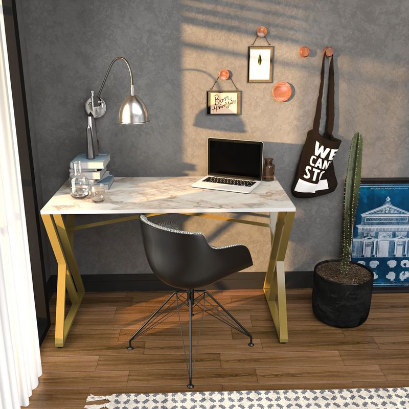 Casa si Gradina - Mobilier - Mese si birouri - Birouri - Birou de studiu, Hanah Home, panou de particule cu melamina, alb auriu, 120x60x75 cm - Infinity.ro