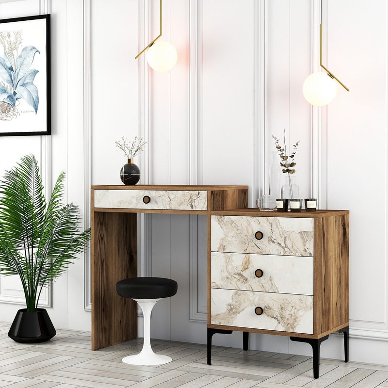 Casa si Gradina - Mobilier - Comode si corpuri - Masute de toaleta - Masa de machiaj, Hanah Home, pal melaminat, nuc si alb, 124x40x84.7 cm, 845HCT2303 - Infinity.ro