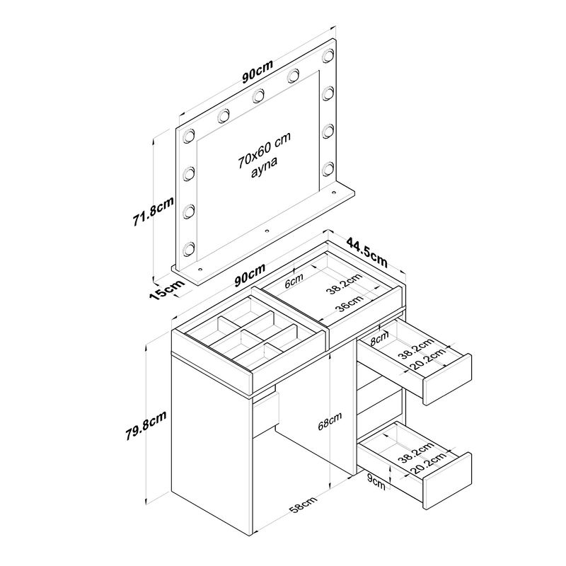 Casa si Gradina - Mobilier - Comode si corpuri - Masute de toaleta - Masa de machiaj, Hanah Home, pal melaminat, alb, 90x44.5x79.8 cm, 893RAN5414 - Infinity.ro