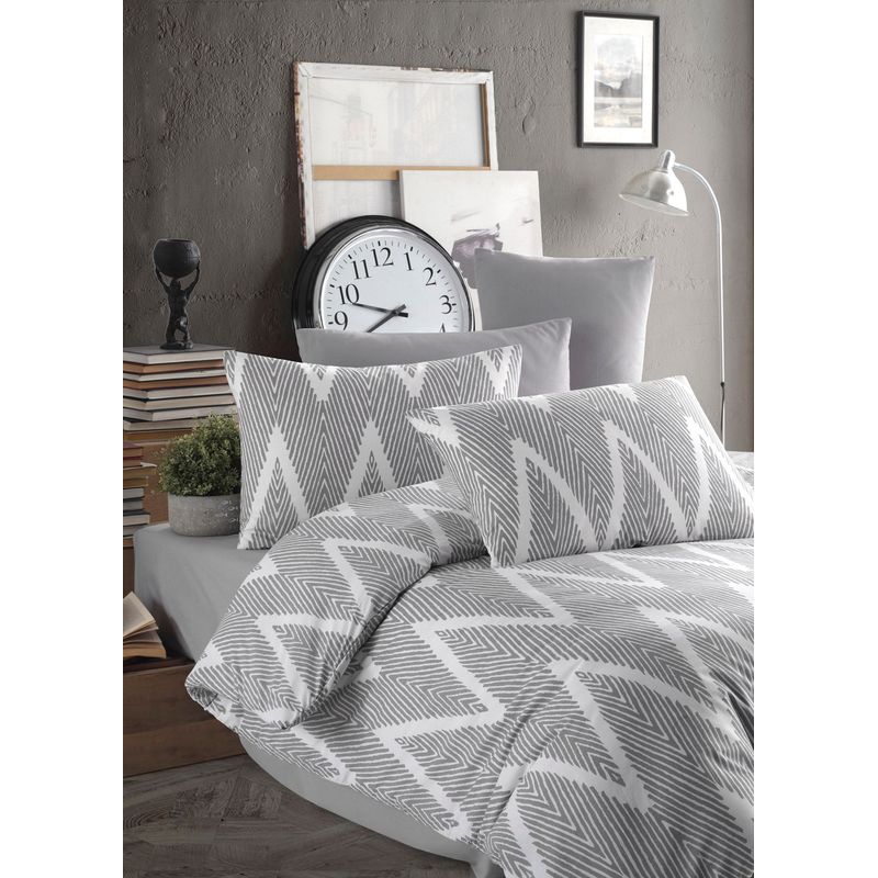 Casa si Gradina - Textile si covoare - Lenjerii de pat - Seturi de lenjerie - Set lenjerie de pat single, L'essentiel Maison, gri alb, 160x220 cm, 100% bumbac ranforce, 162ELR2721 - Infinity.ro
