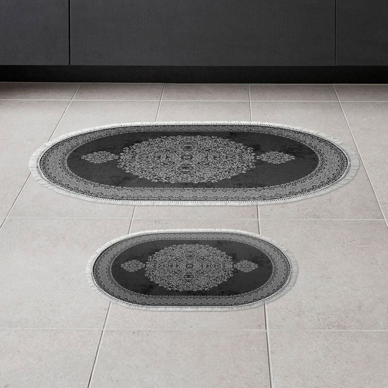 Casa si Gradina - Textile si covoare - Covoare - Covorase baie - Set covorase de baie, L'essentiel Maison, negru alb, 50x60 cm si 60x100 cm, 100% poliester, antiderapant - Infinity.ro