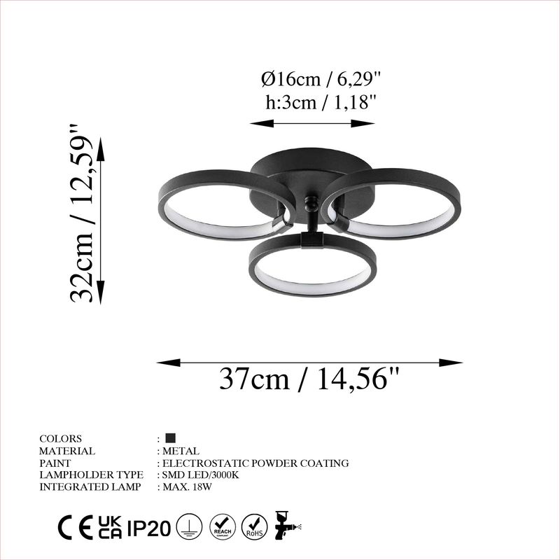 Casa si Gradina - Corpuri si surse de iluminat - Plafoniere, aplice si spoturi - Plafoniera, Opviq, metal, negru, 37x32x9 cm, led 18w - Infinity.ro