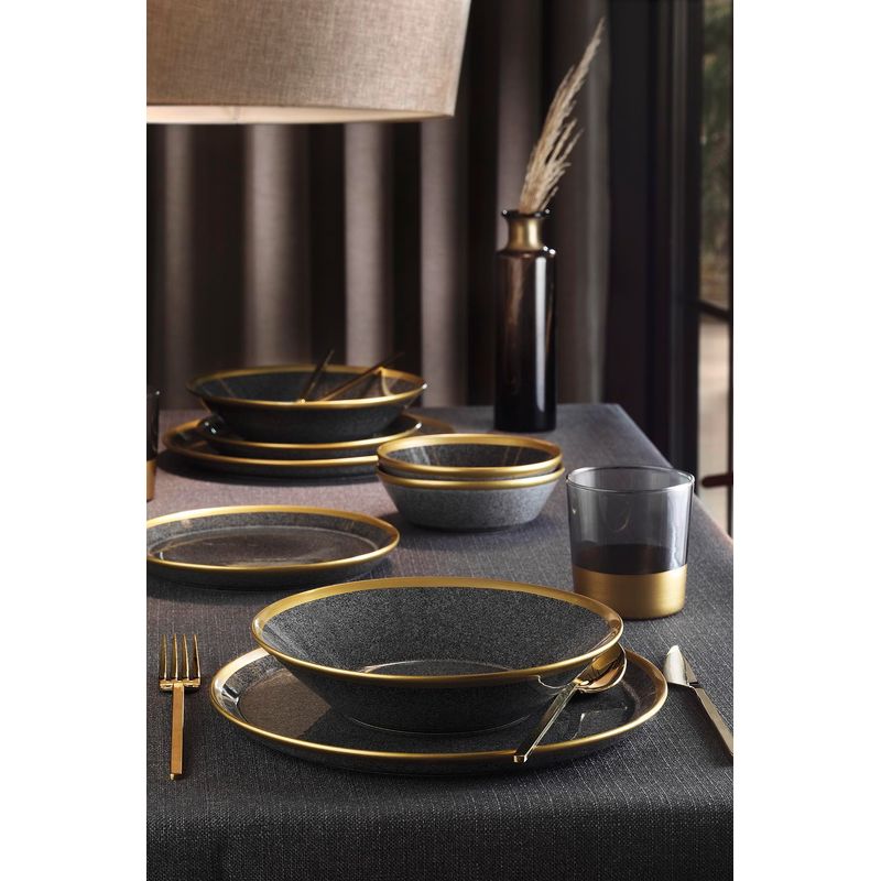 Casa si Gradina - Bucatarie si vesela - Vesela si tacamuri - Servicii de masa - Set de masa 8 piese, Hermia, portelan, negru auriu, farfurii 27/21 cm, boluri 15 cm - Infinity.ro