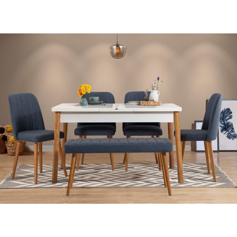 Casa si Gradina - Mobilier - Seturi de mobilier - Seturi mese si scaune - Set masa extensibila cu scaune, Hanah Home, PAL melaminat, pin atlantic si albastru marin, masa 120-153x75x77 cm - Infinity.ro