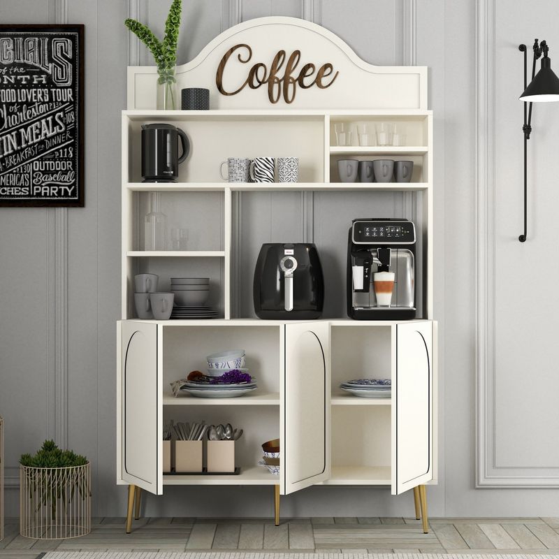 Casa si Gradina - Mobilier - Comode si corpuri - Corpuri bucatarie - Dulap bar cafea, Hanah Home, panou de particule melaminat, crem auriu, 120x35x202 cm - Infinity.ro