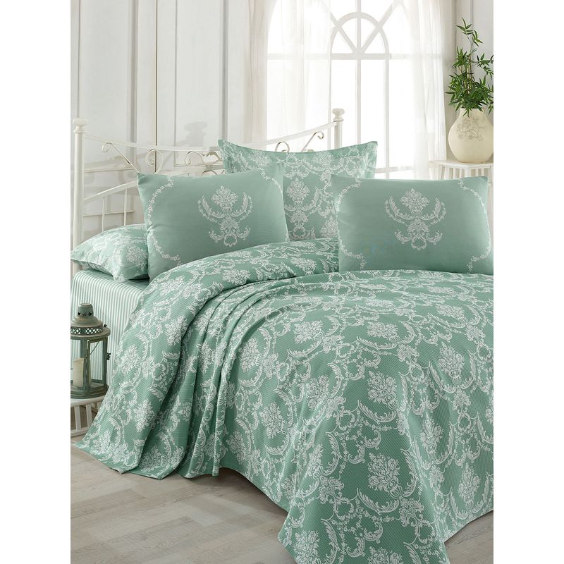 Casa si Gradina - Textile si covoare - Lenjerii de pat - Seturi de lenjerie - Set lenjerie pat single, L'essentiel Maison, verde marin alb, 100% bumbac, pique 160x235 cm, cearsaf 160x240 cm, fata de perna 50x70 cm - Infinity.ro