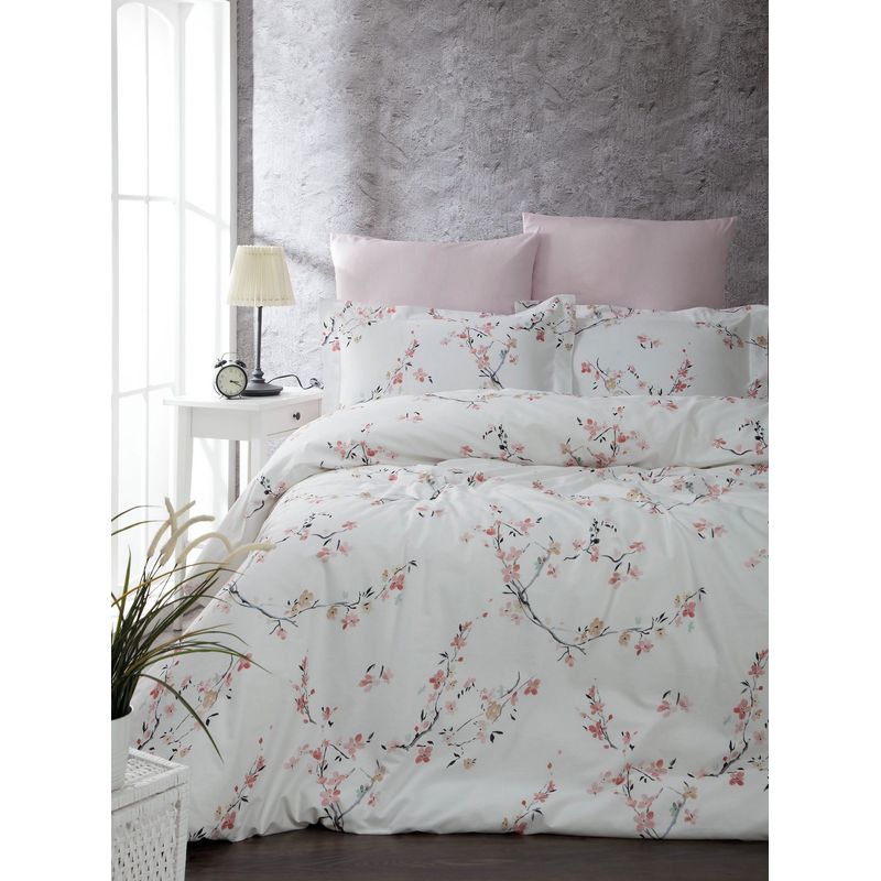 Casa si Gradina - Textile si covoare - Lenjerii de pat - Seturi de lenjerie - Set lenjerie de pat dublu, L'essentiel Maison, alb si somon, 200x220 cm, 100% bumbac ranforce - Infinity.ro