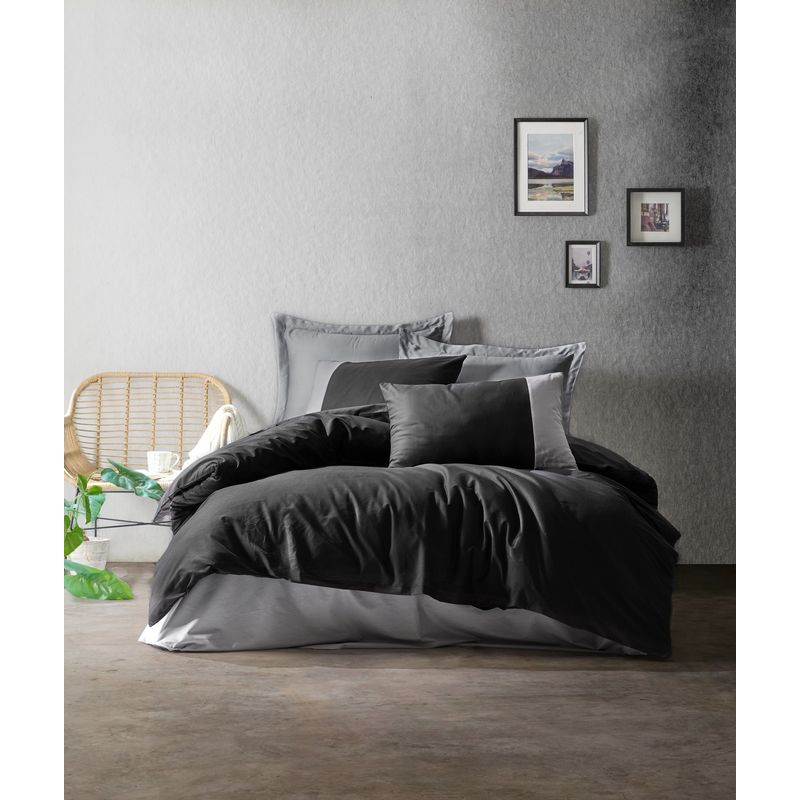 Casa si Gradina - Textile si covoare - Lenjerii de pat - Seturi de lenjerie - Set lenjerie pat dublu, L'essentiel Maison, negru gri, 200x220 cm, bumbac ranforce - Infinity.ro