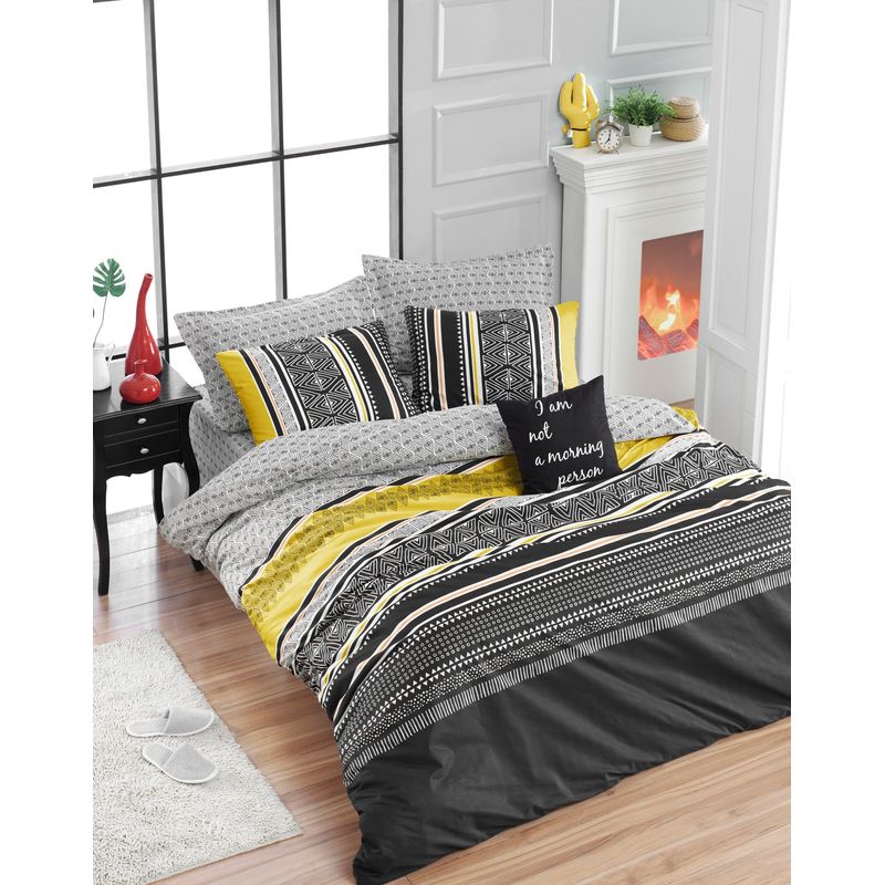 Casa si Gradina - Textile si covoare - Lenjerii de pat - Seturi de lenjerie - Set lenjerie pat dublu, L'essentiel Maison, galben negru gri, 200x220 cm, 100% bumbac ranforsat - Infinity.ro