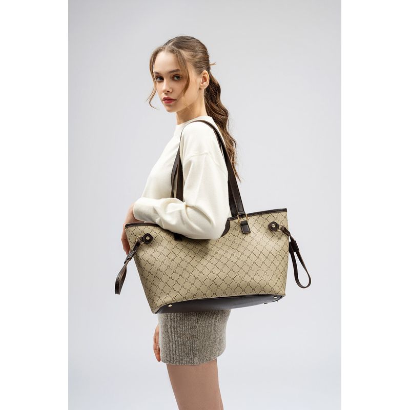 Fashion, accesorii si bijuterii - Femei - Accesorii femei - Genti si rucsacuri femei - Geanta tote, Lucky Bees, dama, crem si maro, 37x15x28 cm, piele polivinilica - Infinity.ro