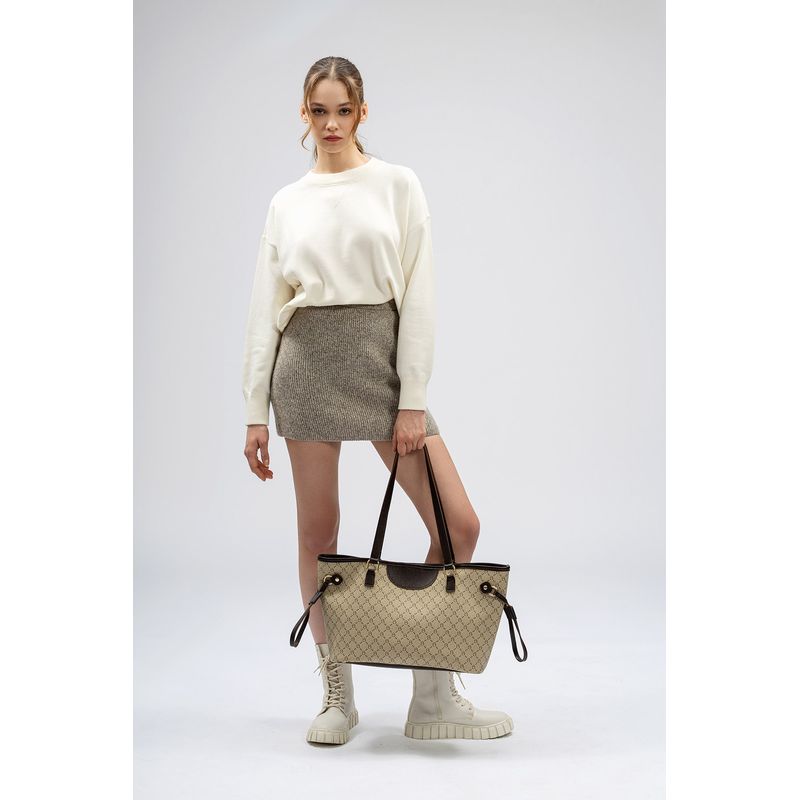 Fashion, accesorii si bijuterii - Femei - Accesorii femei - Genti si rucsacuri femei - Geanta tote, Lucky Bees, dama, crem si maro, 37x15x28 cm, piele polivinilica - Infinity.ro