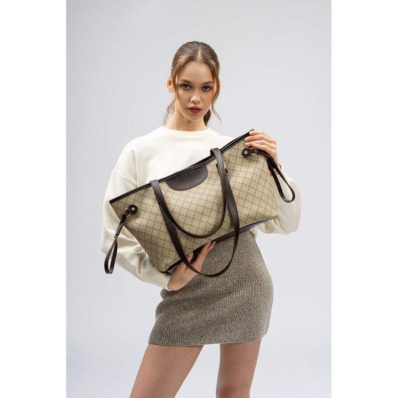 Fashion, accesorii si bijuterii - Femei - Accesorii femei - Genti si rucsacuri femei - Geanta tote, Lucky Bees, dama, crem si maro, 37x15x28 cm, piele polivinilica - Infinity.ro