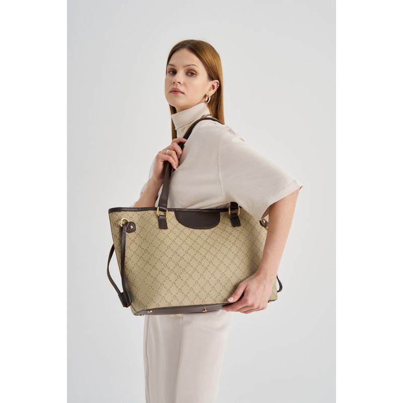 Fashion, accesorii si bijuterii - Femei - Accesorii femei - Genti si rucsacuri femei - Geanta tote, Lucky Bees, dama, crem si maro, 37x15x28 cm, piele polivinilica - Infinity.ro