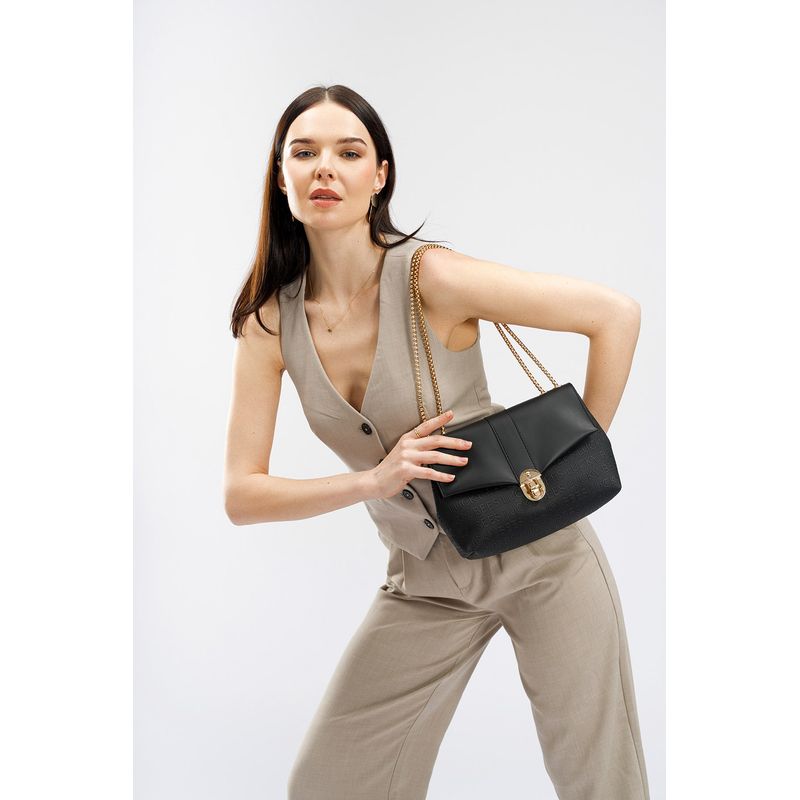 Fashion, accesorii si bijuterii - Femei - Accesorii femei - Genti si rucsacuri femei - Geanta de umar, Lucky Bees, piele poliuretanica, negru, 26x10x20 cm - Infinity.ro