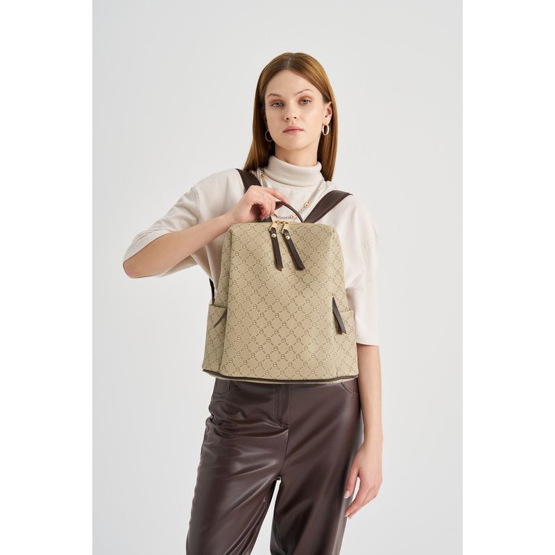 Fashion, accesorii si bijuterii - Femei - Accesorii femei - Genti si rucsacuri femei - Rucsac, Lucky Bees, dama, crem maro, 34x13x35 cm, piele sintetica - Infinity.ro