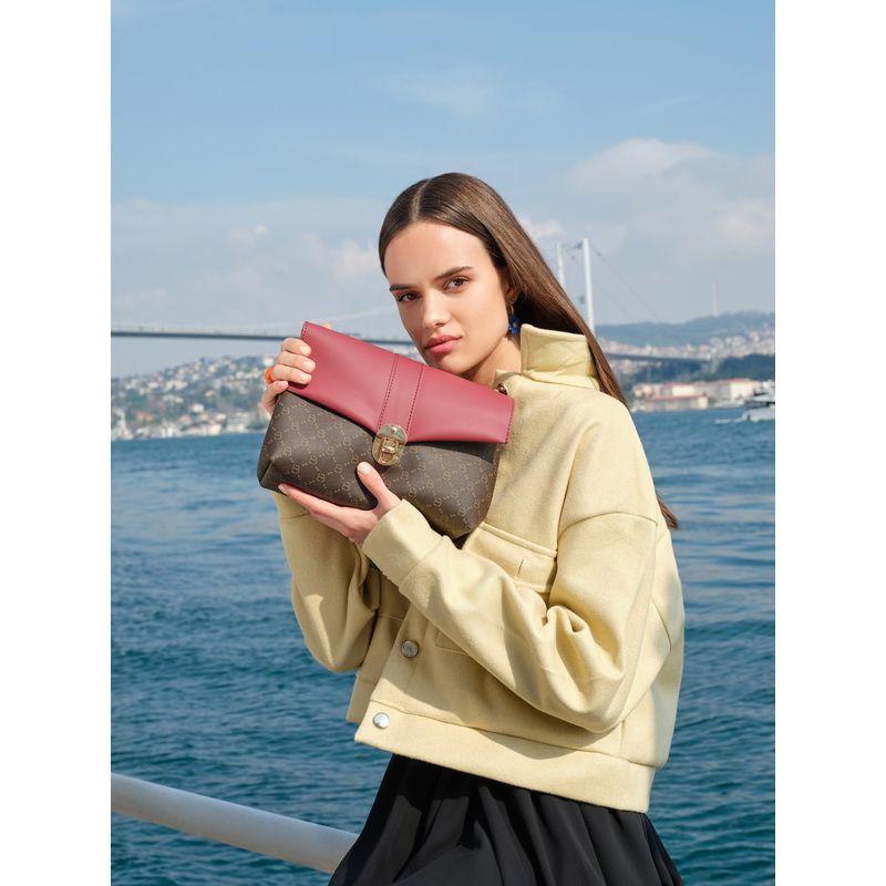 Fashion, accesorii si bijuterii - Femei - Accesorii femei - Genti si rucsacuri femei - Geanta de umar, Lucky Bees, piele polivinilica, rosu bordo si maro, 26x10x20 cm - Infinity.ro