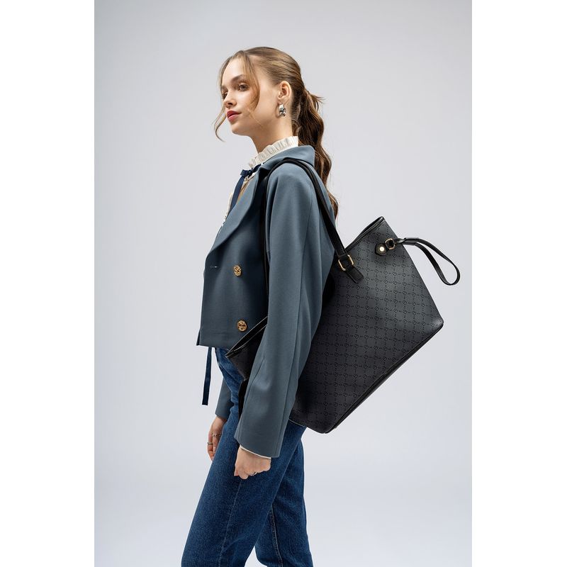 Fashion, accesorii si bijuterii - Femei - Accesorii femei - Genti si rucsacuri femei - Geanta tote, Lucky Bees, dama, gri si negru, 37x15x28 cm, piele sintetica - Infinity.ro
