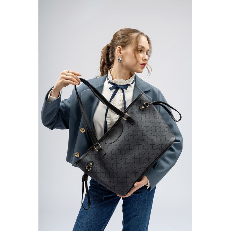 Fashion, accesorii si bijuterii - Femei - Accesorii femei - Genti si rucsacuri femei - Geanta tote, Lucky Bees, dama, gri si negru, 37x15x28 cm, piele sintetica - Infinity.ro