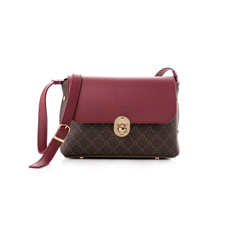 Fashion, accesorii si bijuterii - Femei - Accesorii femei - Genti si rucsacuri femei - Geanta crossbody, Lucky Bees, piele polivinilica, maro si rosu claret, 25x9x17 cm - Infinity.ro