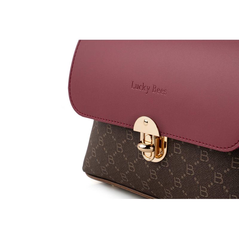 Fashion, accesorii si bijuterii - Femei - Accesorii femei - Genti si rucsacuri femei - Geanta crossbody, Lucky Bees, piele polivinilica, maro si rosu claret, 25x9x17 cm - Infinity.ro