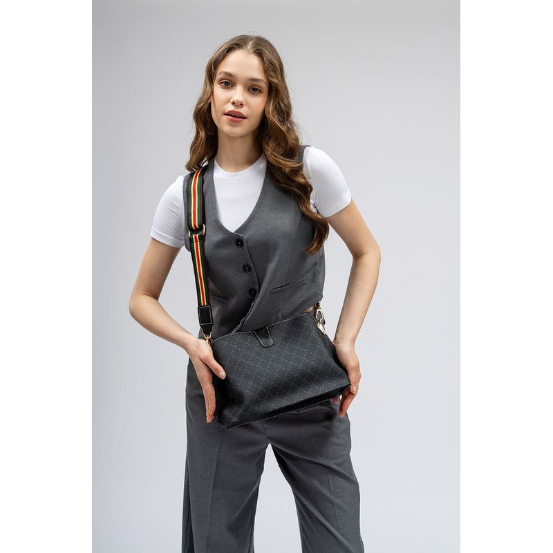 Fashion, accesorii si bijuterii - Femei - Accesorii femei - Genti si rucsacuri femei - Geanta de umar, Lucky Bees, dama, negru si gri, 29x13x21 cm, piele sintetica - Infinity.ro