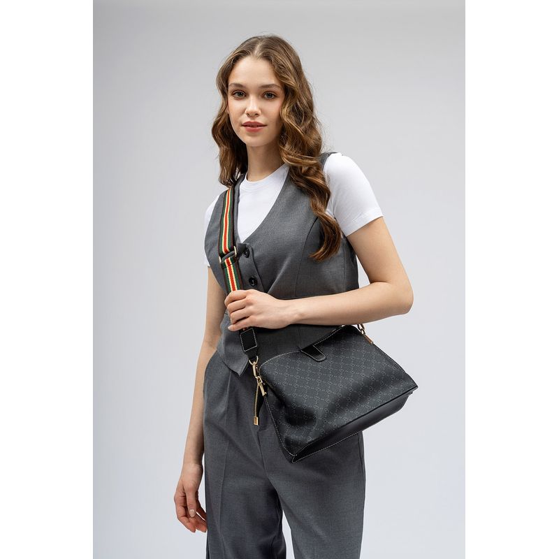 Fashion, accesorii si bijuterii - Femei - Accesorii femei - Genti si rucsacuri femei - Geanta de umar, Lucky Bees, dama, negru si gri, 29x13x21 cm, piele sintetica - Infinity.ro