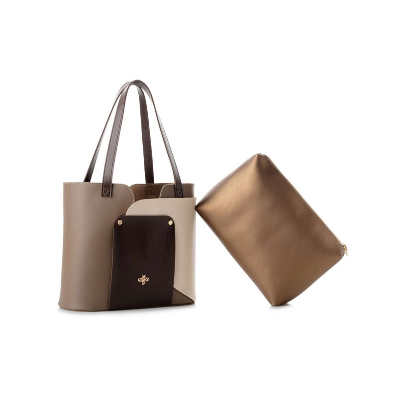 Fashion, accesorii si bijuterii - Femei - Accesorii femei - Genti si rucsacuri femei - Geanta tote, Lucky Bees, piele polivinilica, mink si crem, 30x12x26 cm - Infinity.ro