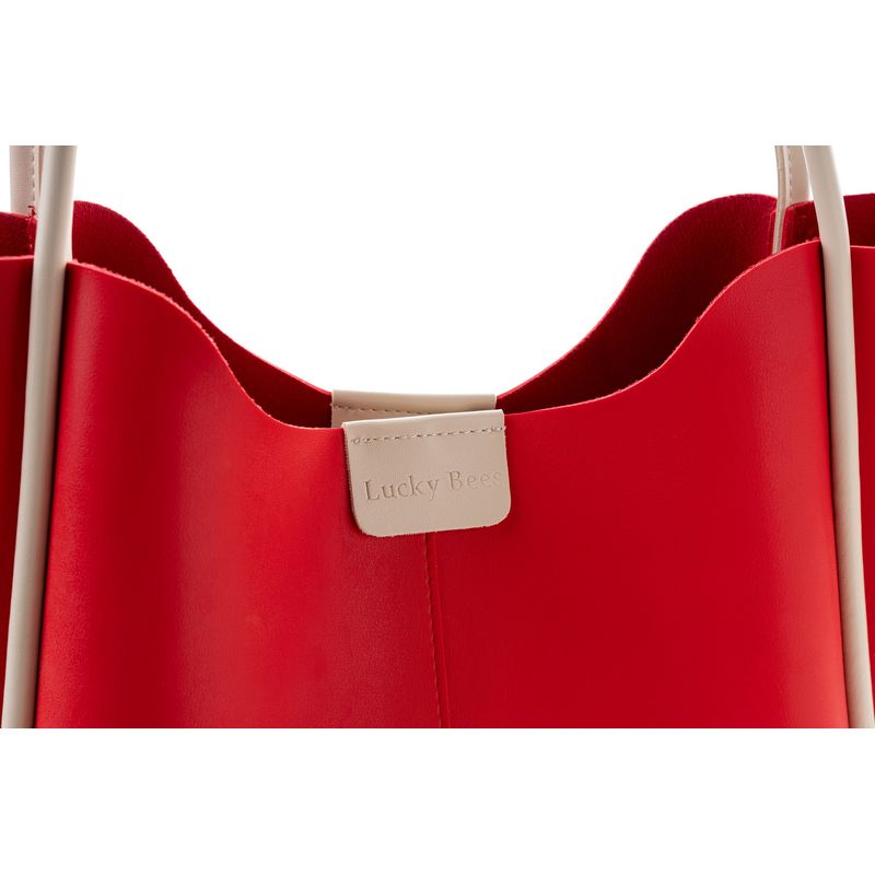 Fashion, accesorii si bijuterii - Femei - Accesorii femei - Genti si rucsacuri femei - Geanta tote, Lucky Bees, piele polivinilica, rosu crem, 30x9x29 cm - Infinity.ro