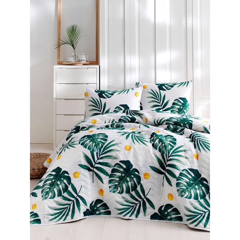 Casa si Gradina - Textile si covoare - Lenjerii de pat - Seturi de lenjerie - Set cuvertura de pat dublu, L'essentiel Maison, alb verde galben, 200x220 cm, 65% bumbac 35% poliester, lavabil la masina - Infinity.ro