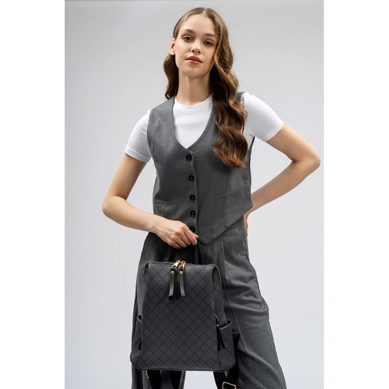 Fashion, accesorii si bijuterii - Femei - Accesorii femei - Genti si rucsacuri femei - Rucsac, Lucky Bees, dama, gri si negru, 34x13x35 cm, piele sintetica - Infinity.ro