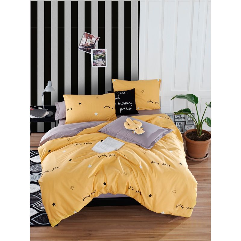 Casa si Gradina - Textile si covoare - Lenjerii de pat - Seturi de lenjerie - Set lenjerie pat dublu, L'essentiel Maison, galben gri negru, 200x220 cm, 100% bumbac ranforce - Infinity.ro