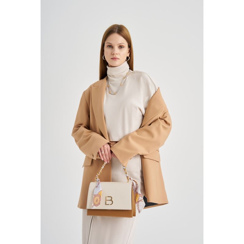 Fashion, accesorii si bijuterii - Femei - Accesorii femei - Genti si rucsacuri femei - Geanta crossbody, Lucky Bees, dama, crem si cafeniu, 23x10x16 cm, piele poliuretanica - Infinity.ro