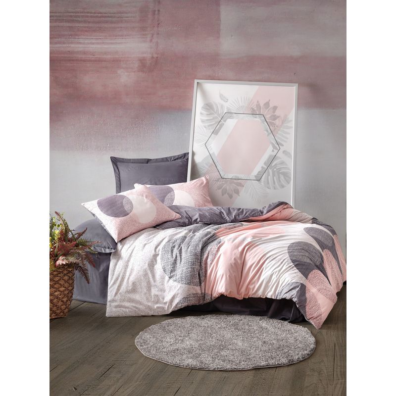 Casa si Gradina - Textile si covoare - Lenjerii de pat - Seturi de lenjerie - Set lenjerie pat dublu, L'essentiel Maison, gri roz alb, 200x220 cm, 100% bumbac ranforce - Infinity.ro