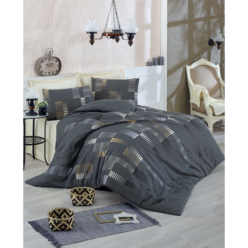 Casa si Gradina - Textile si covoare - Lenjerii de pat - Seturi de lenjerie - Set lenjerie de pat dublu, L'essentiel Maison, antracit auriu alb, 200x220 cm, 65% bumbac 35% poliester - Infinity.ro