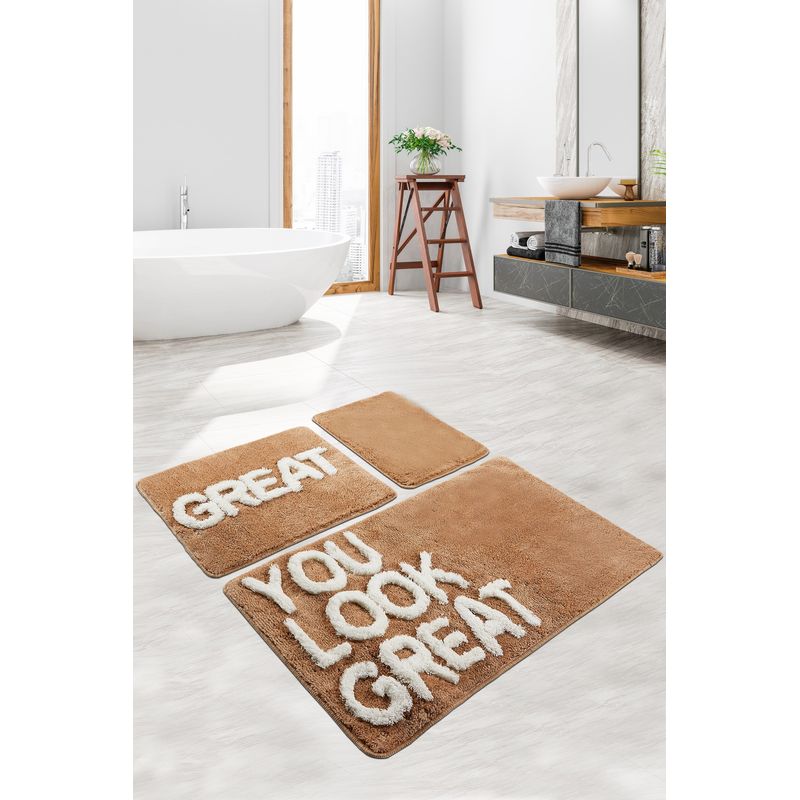 Casa si Gradina - Textile si covoare - Covoare - Covorase baie - Set covorase baie, L'essentiel Maison, bej si alb, 60x100 cm, 50x60 cm, 40x60 cm, 100% acrilic, antiderapant - Infinity.ro