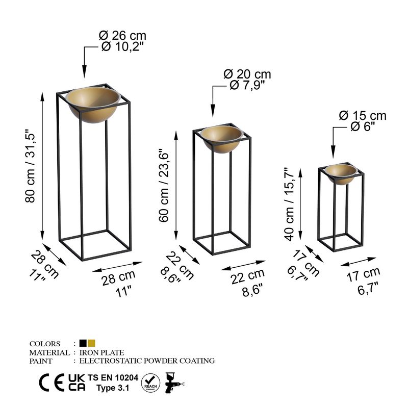 Casa si Gradina - Gradinarit si plante - Plante si ghivece - Ghivece si suporturi - Set ghivece decorative, Aberto Design, metal, negru auriu, 3 bucati - Infinity.ro