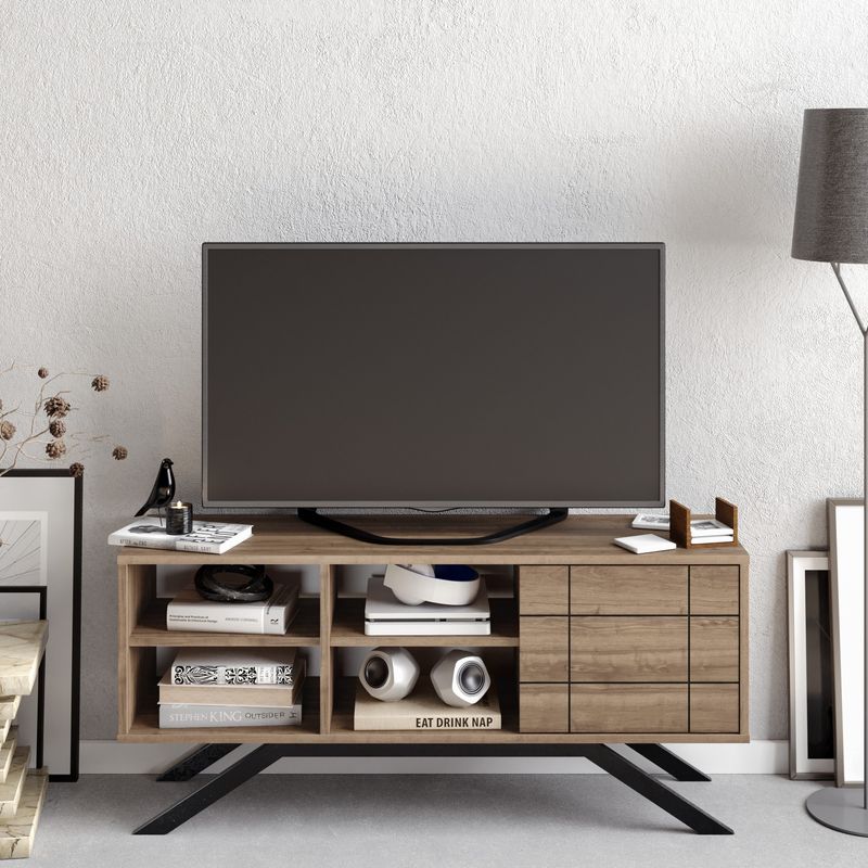 Casa si Gradina - Mobilier - Comode si corpuri - Comode - Comoda tv, Hanah Home, pal melaminat, negru si nuc, 130x58.6x38.6 cm - Infinity.ro