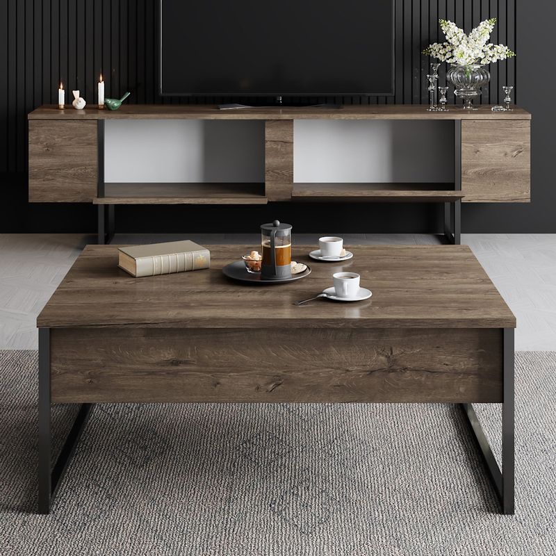 Casa si Gradina - Mobilier - Comode si corpuri - Comode - Comoda tv, Hanah Home, pal melaminat, nuc si negru, 180x30x50 cm - Infinity.ro