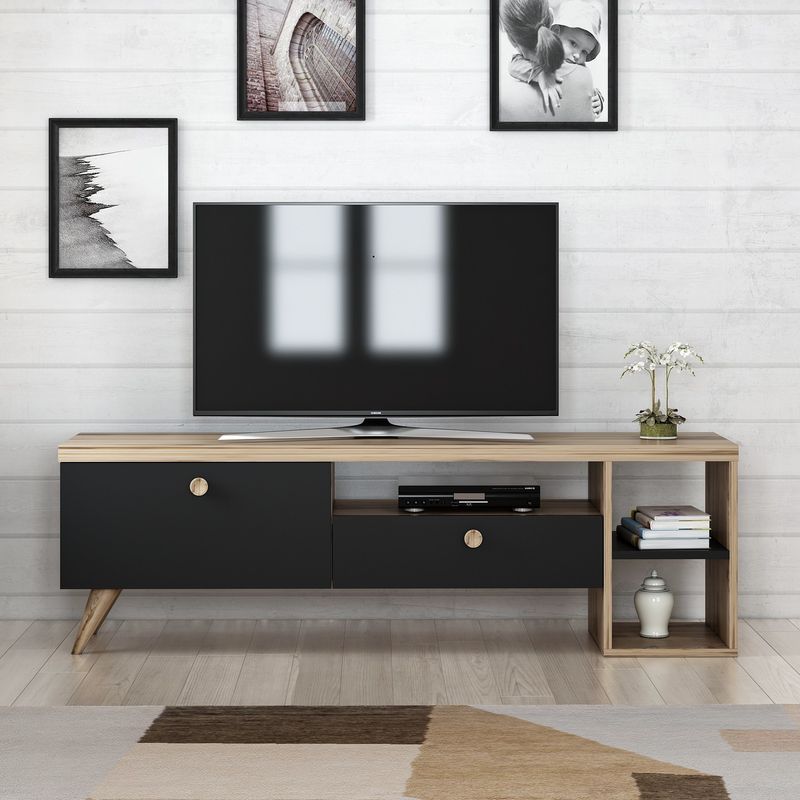 Casa si Gradina - Mobilier - Comode si corpuri - Console - Comoda tv, Hanah Home, pal melaminat, negru si stejar, 150x35x47 cm - Infinity.ro