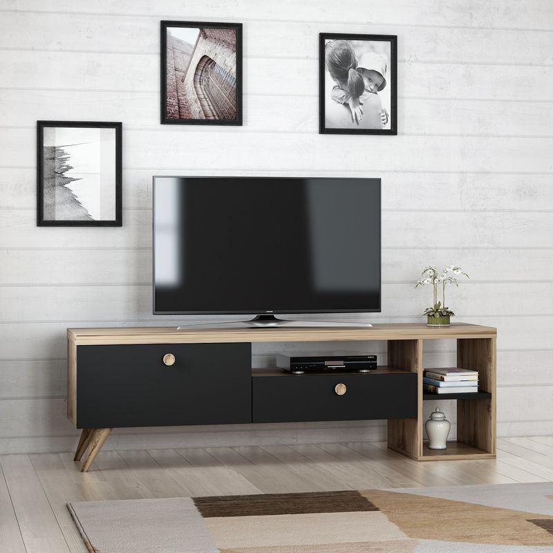 Casa si Gradina - Mobilier - Comode si corpuri - Console - Comoda tv, Hanah Home, pal melaminat, negru si stejar, 150x35x47 cm - Infinity.ro