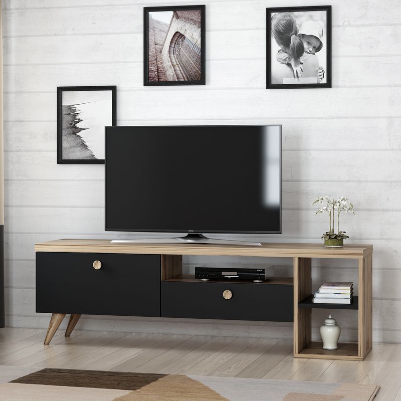 Casa si Gradina - Mobilier - Comode si corpuri - Console - Comoda tv, Hanah Home, pal melaminat, negru si stejar, 150x35x47 cm - Infinity.ro