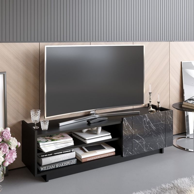 Casa si Gradina - Mobilier - Comode si corpuri - Console - Comoda tv, Hanah Home, pal melaminat, negru marmura, 140x41.4x37.1 cm - Infinity.ro