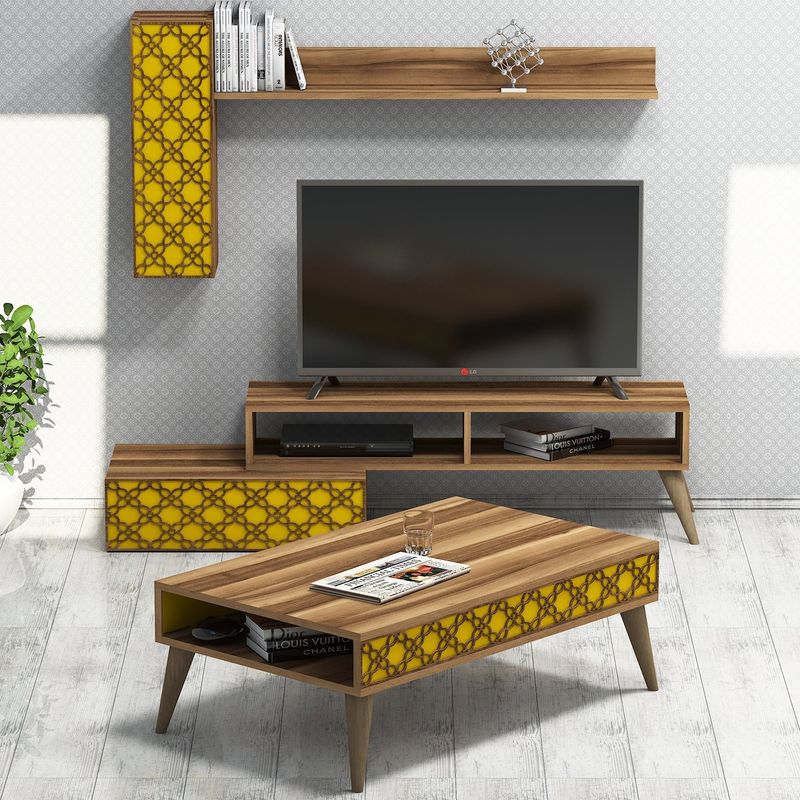 Casa si Gradina - Mobilier - Seturi de mobilier - Seturi living - Set mobilier living, Hanah Home, pal melaminat, nuc, galben - Infinity.ro