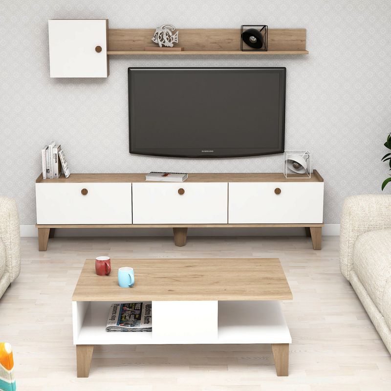 Casa si Gradina - Mobilier - Seturi de mobilier - Seturi living - Set mobilier living, Hanah Home, pal melaminat, stejar si alb, multiple rafturi - Infinity.ro